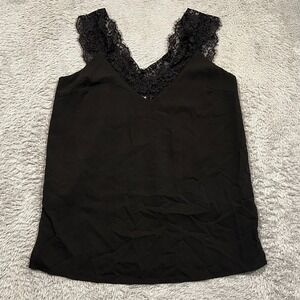 Umgee USA Tank Top Blouse Eyelash Lace Trim Black Women's Small‎